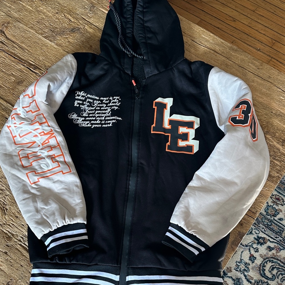 Men's Black and White Varsity Jacket with Lettering
